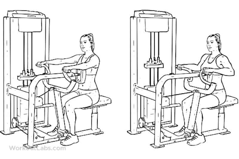 Woman performing seated back row on a machine